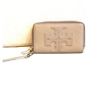 Tory Burch grey and pink wristlet wallet